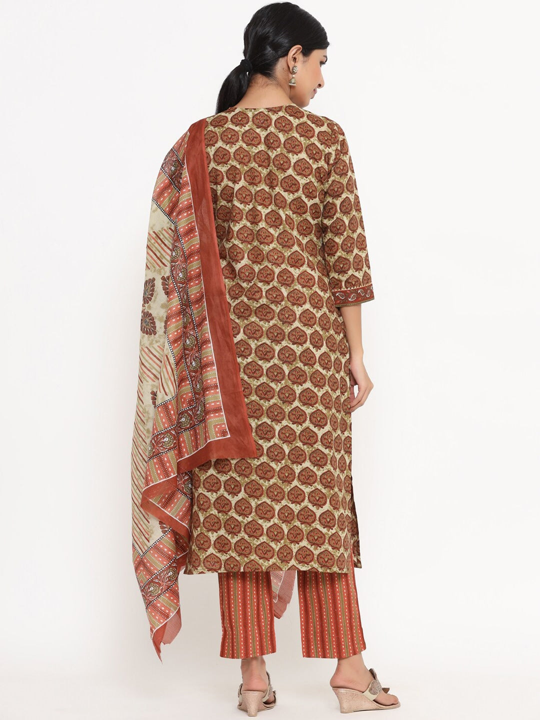 Brown Geometric Printed Dupatta Set-Yufta Store-9801SKDBRS