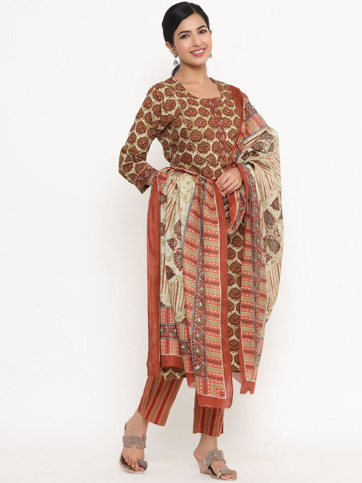 Brown Geometric Printed Dupatta Set-Yufta Store-9801SKDBRS