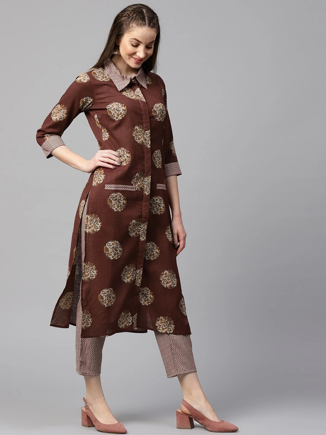 Brown & Off-White Printed Kurta Set-Yufta Store-DBNWSET1637MRS