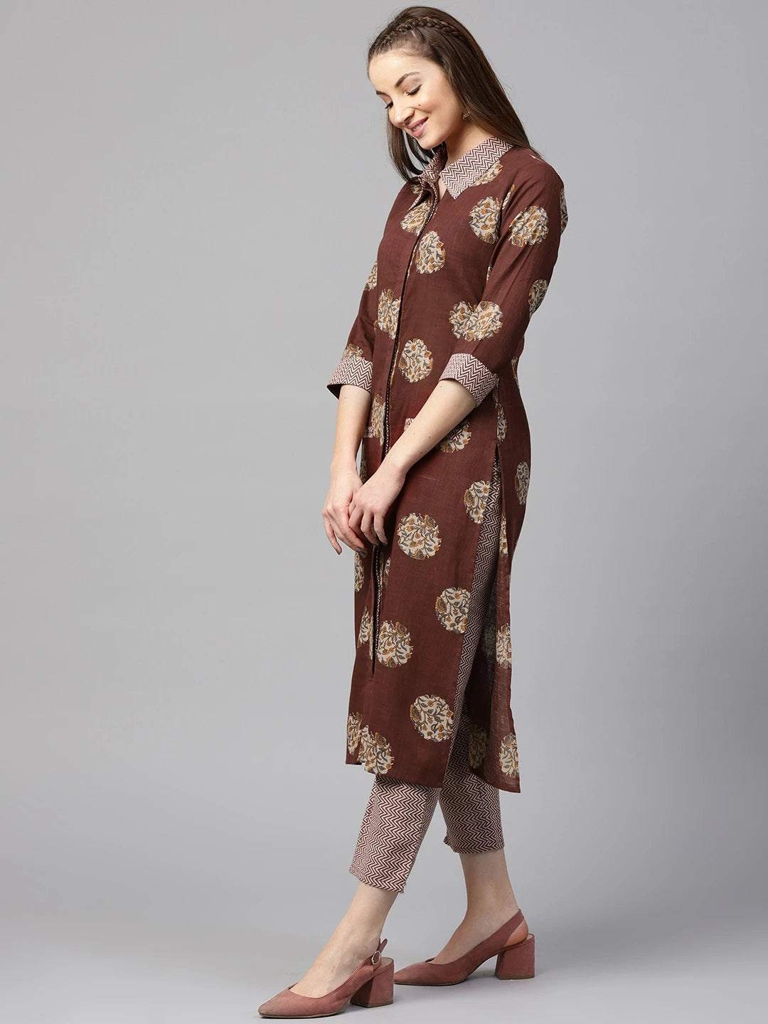 Brown & Off-White Printed Kurta Set-Yufta Store-DBNWSET1637MRS