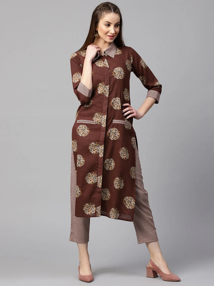 Brown & Off-White Printed Kurta Set-Yufta Store-DBNWSET1637MRS