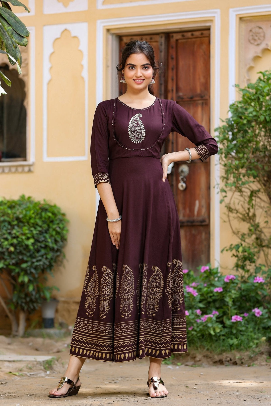 Brown Printed Dress-Yufta Store-8080DRSBRS