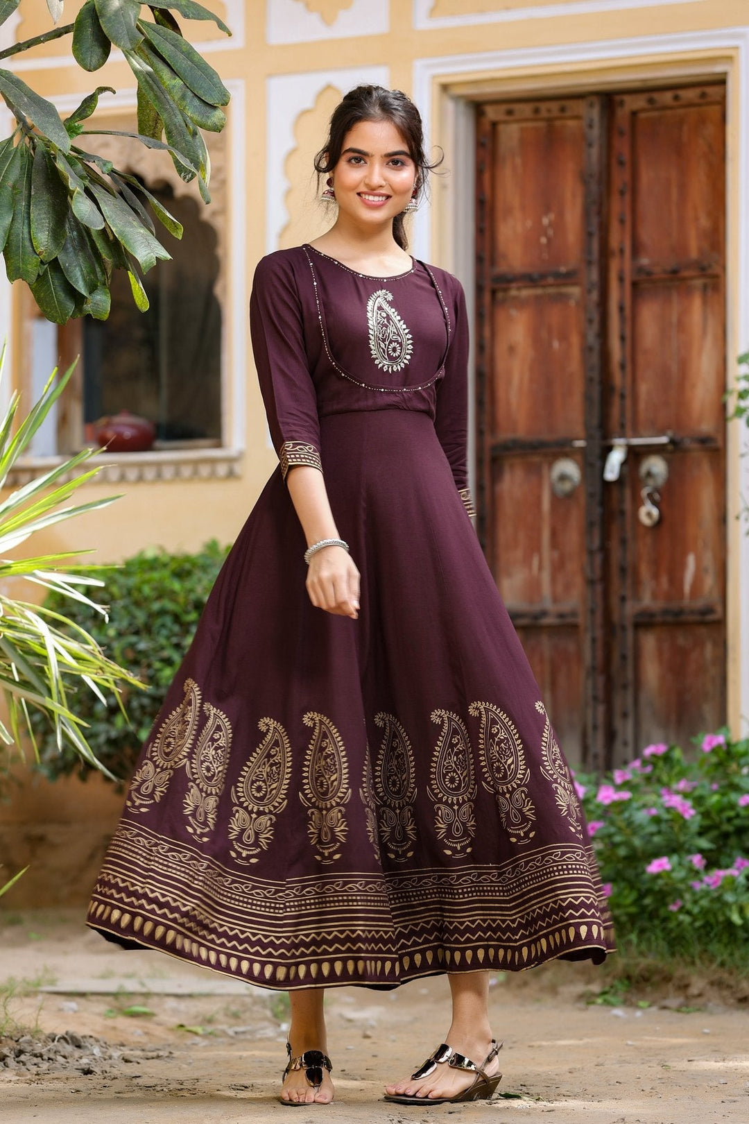 Brown Printed Dress-Yufta Store-8080DRSBRS