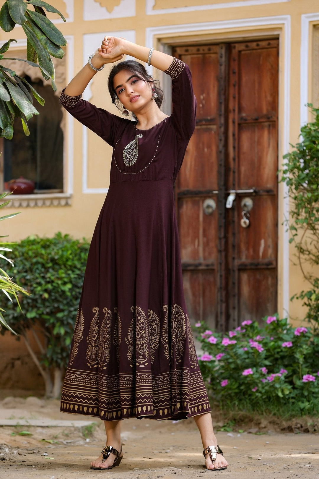 Brown Printed Dress-Yufta Store-8080DRSBRS