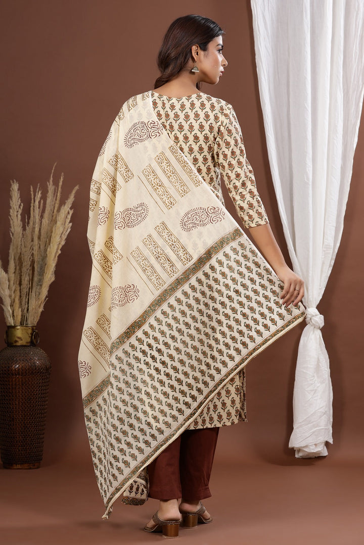 Brown Printed Dupatta Set-Yufta Store-9008SKDBRS