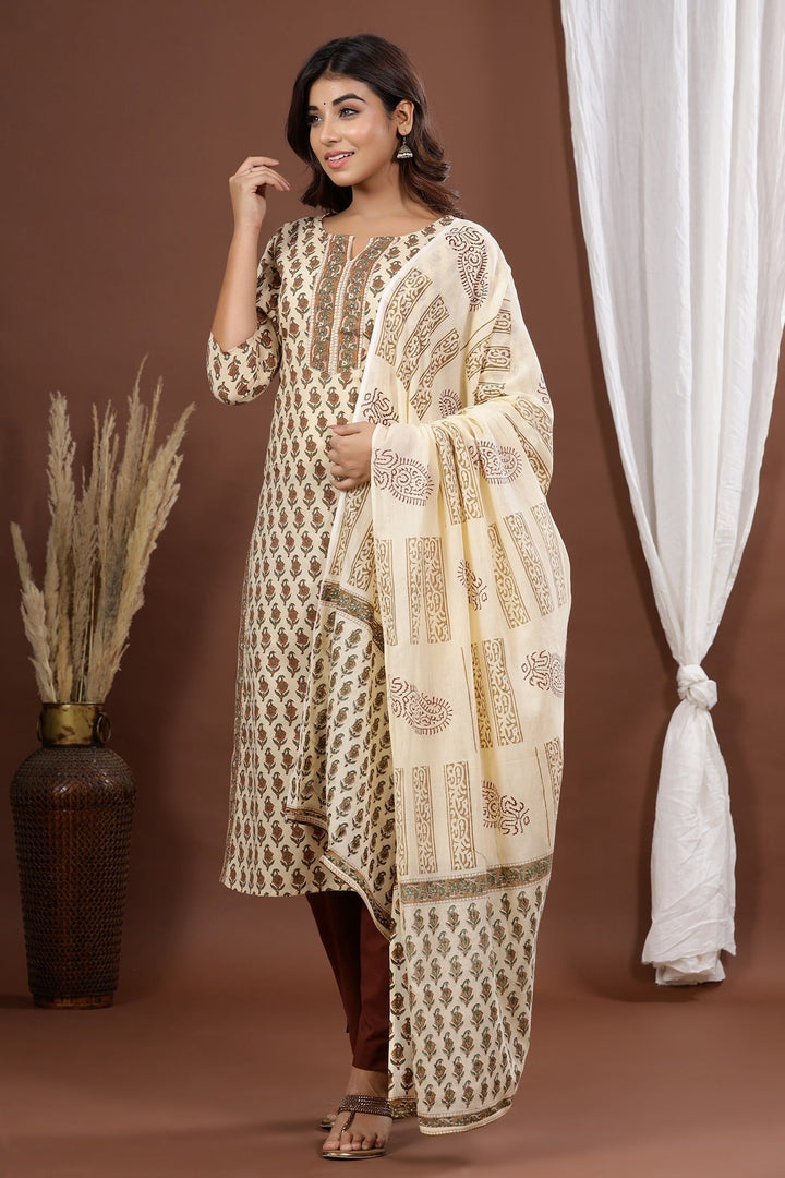 Brown Printed Dupatta Set-Yufta Store-9008SKDBRS