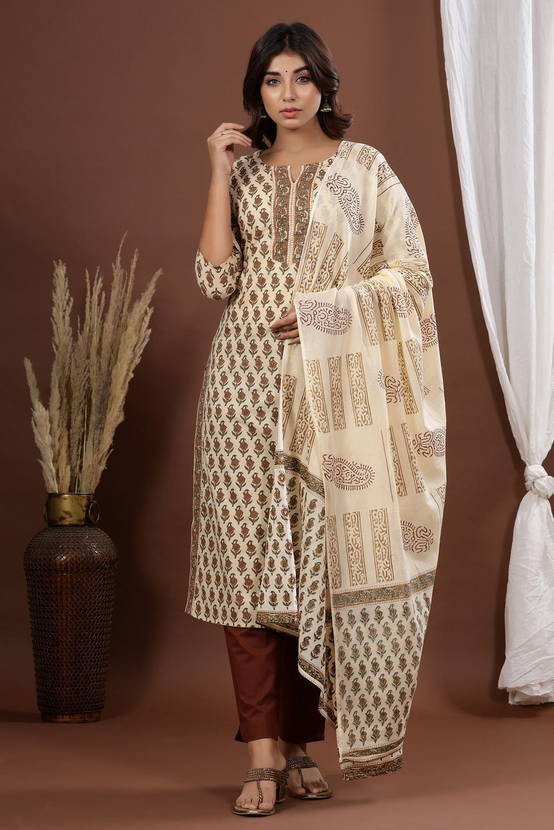 Brown Printed Dupatta Set-Yufta Store-9008SKDBRS