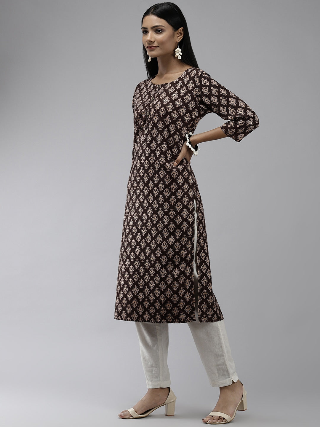 Brown Printed Kurta-Yufta Store-2749KURBRS