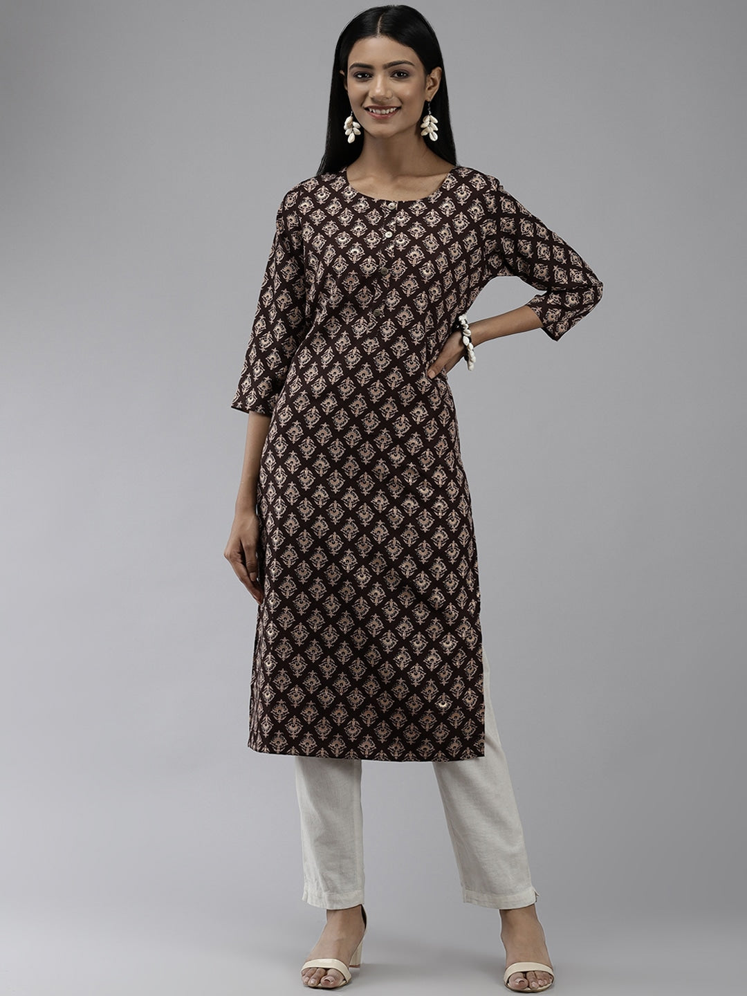 Brown Printed Kurta-Yufta Store-2749KURBRS