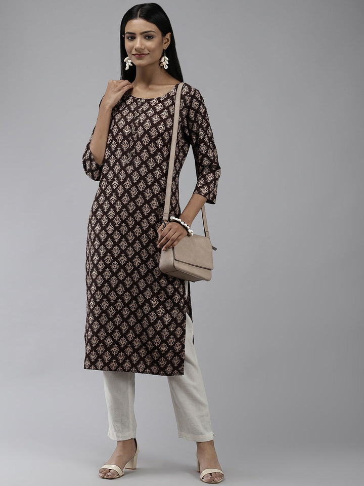 Brown Printed Kurta-Yufta Store-2749KURBRS