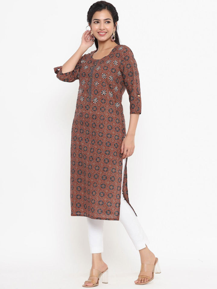 Brown Printed Kurta-Yufta Store-4731KURBRS