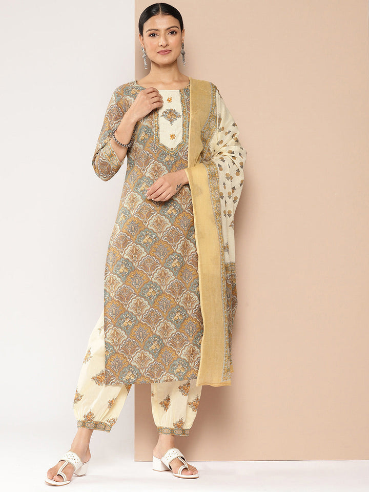 Brown Printed Kurta with Harem Pants with dupatta Set-Yufta Store-1387SKDBRS