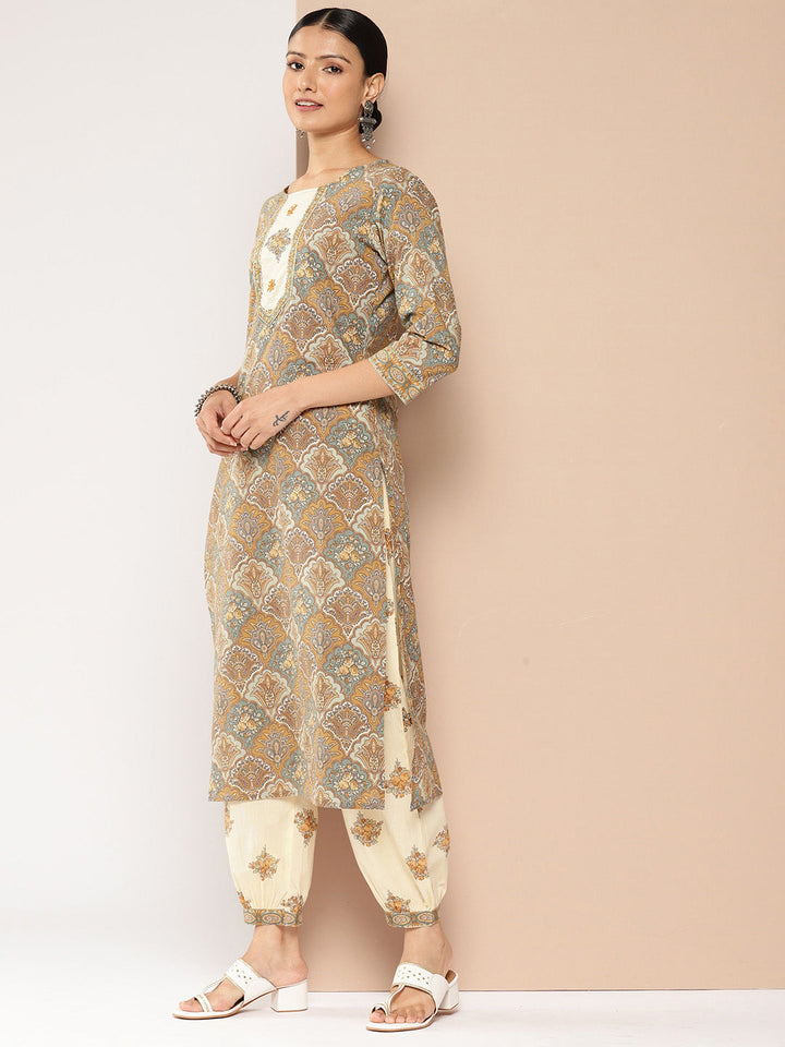 Brown Printed Kurta with Harem Pants with dupatta Set-Yufta Store-1387SKDBRS