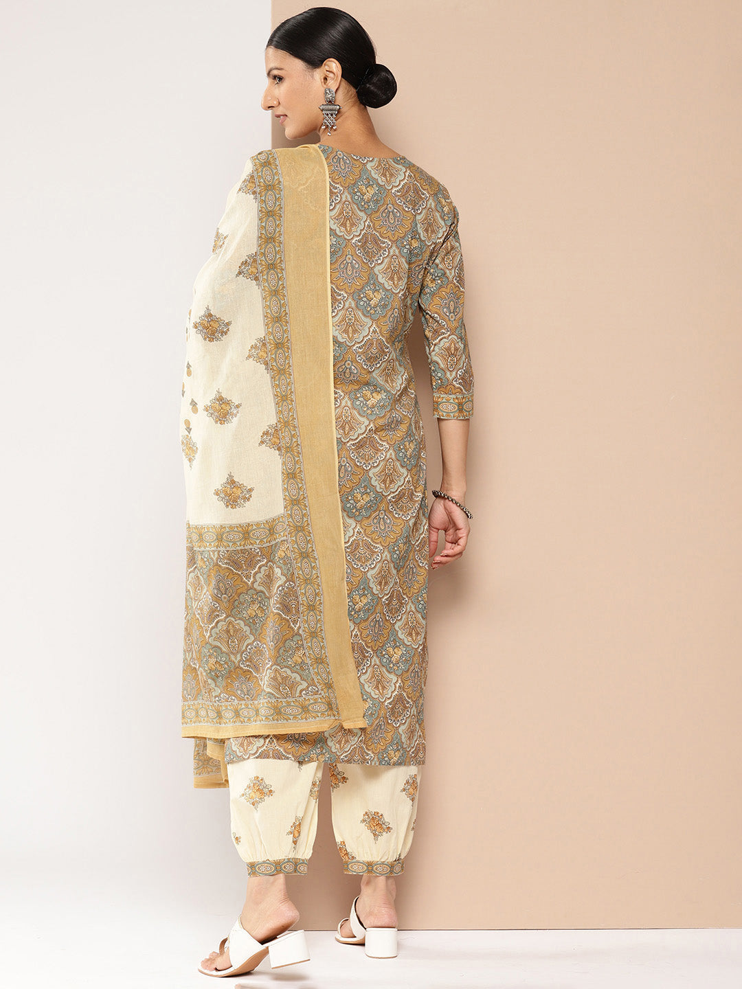 Brown Printed Kurta with Harem Pants with dupatta Set-Yufta Store-1387SKDBRS