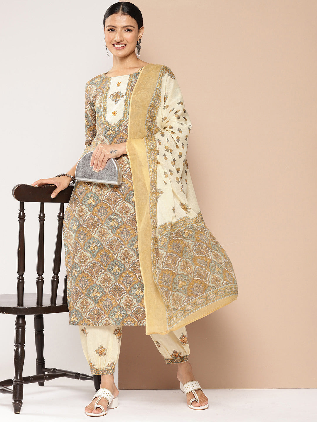 Brown Printed Kurta with Harem Pants with dupatta Set-Yufta Store-1387SKDBRS