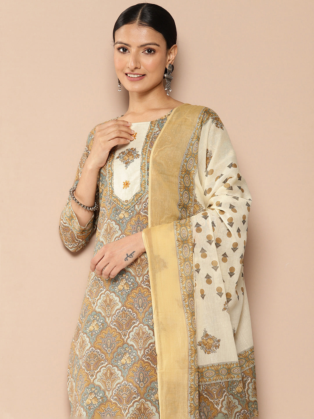 Brown Printed Kurta with Harem Pants with dupatta Set-Yufta Store-1387SKDBRS