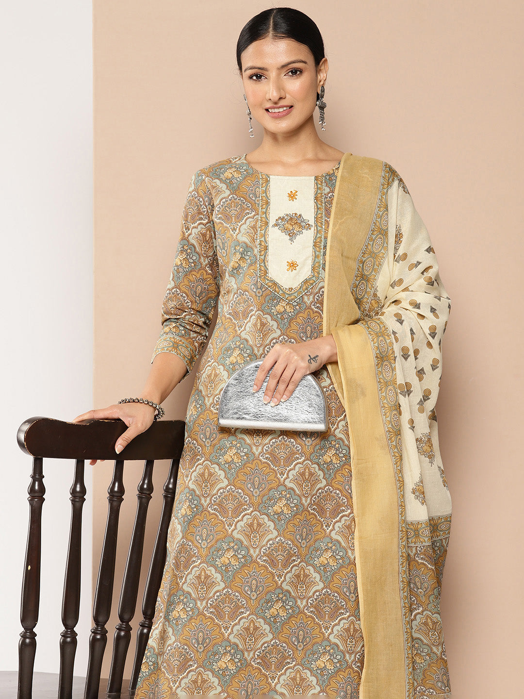 Brown Printed Kurta with Harem Pants with dupatta Set-Yufta Store-1387SKDBRS