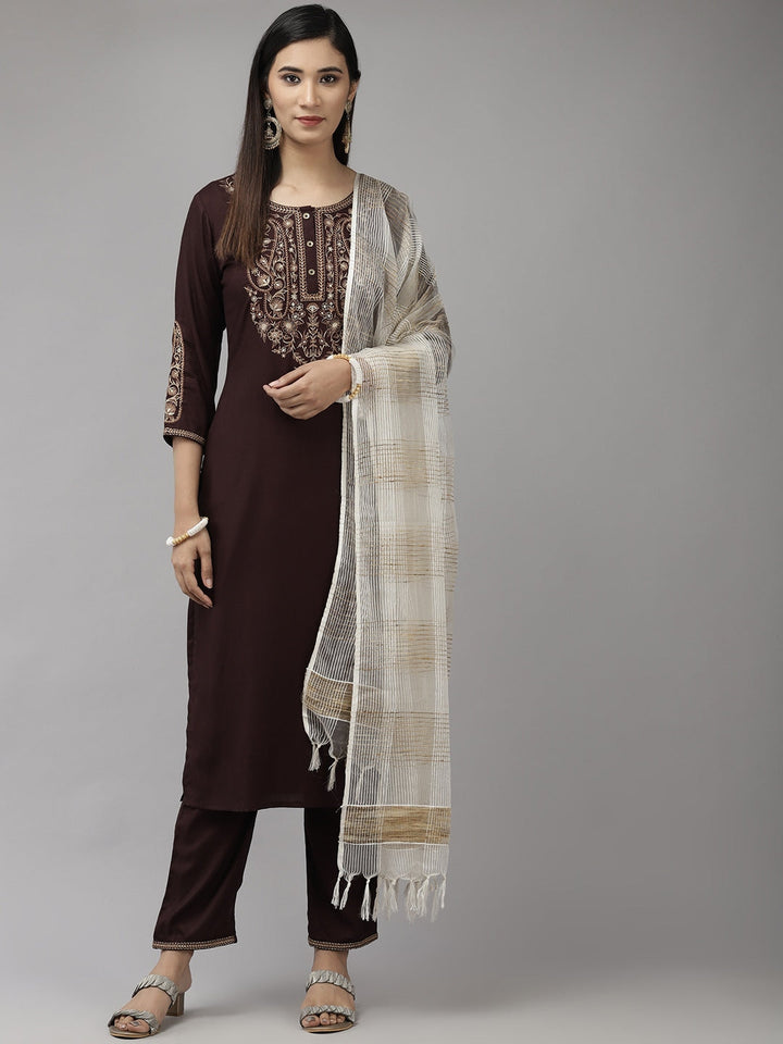 Brown Solid Yoke Design Dupatta Set-Yufta Store-9283SKDBRS