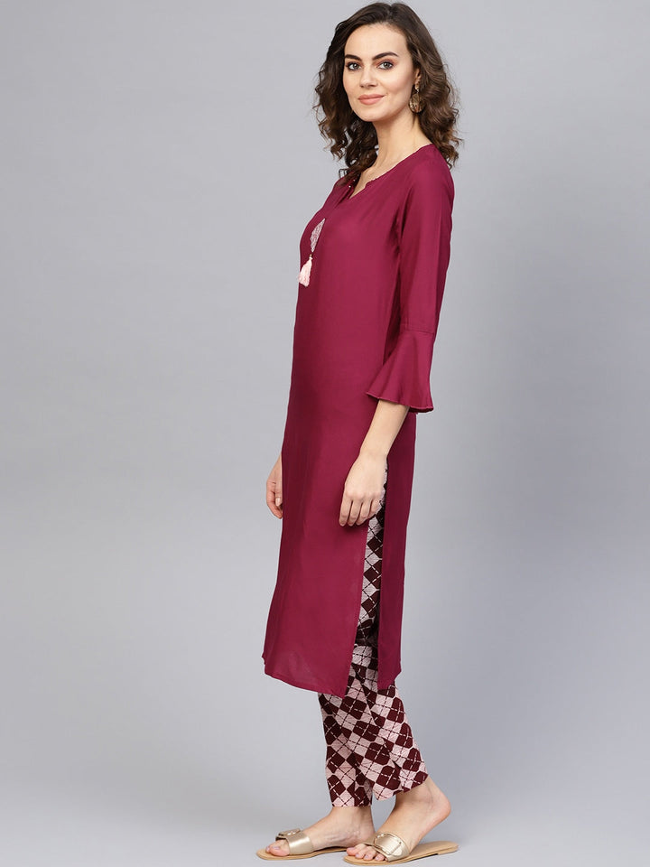 Burgandy Printed Kurta Set-Yufta Store-1729SETBUS