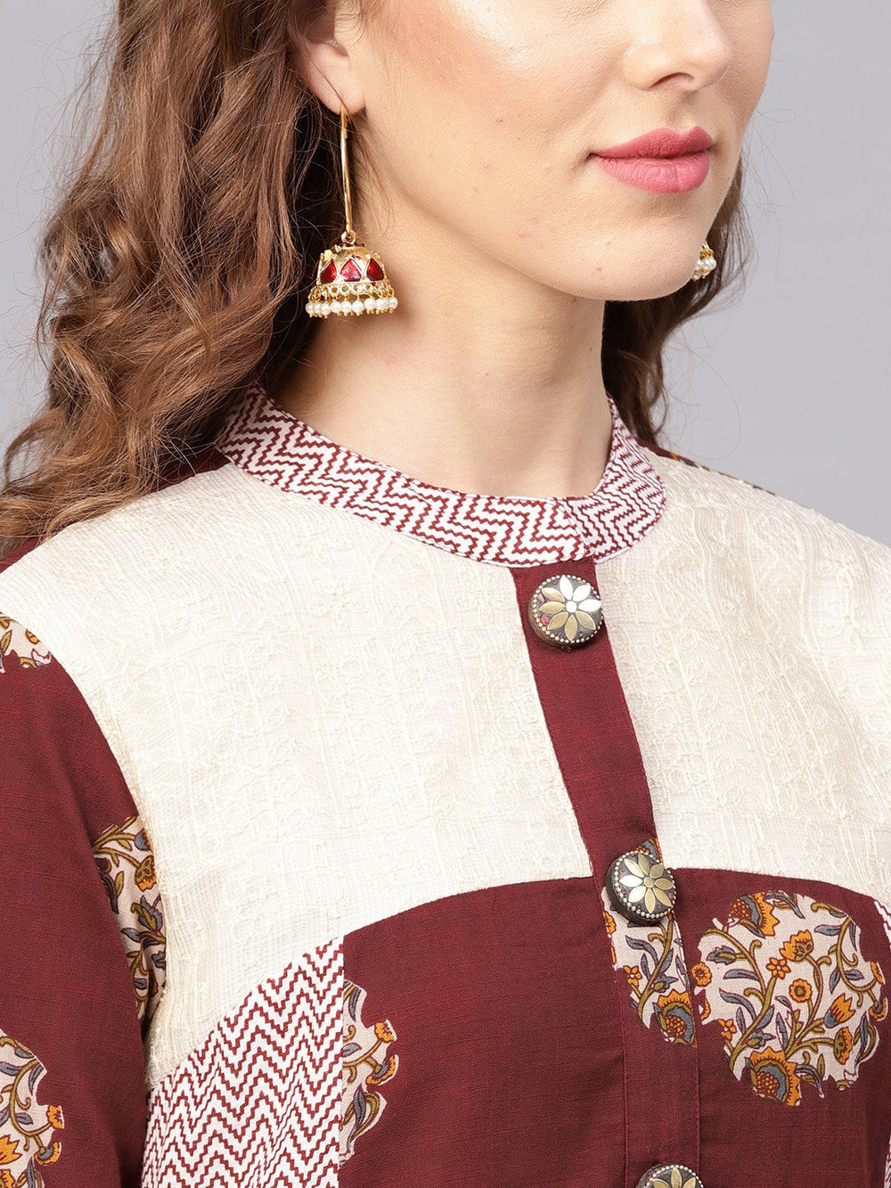 Burgundy & Beige A-Line Kurta-Yufta Store-DBNWKU1608MRNS