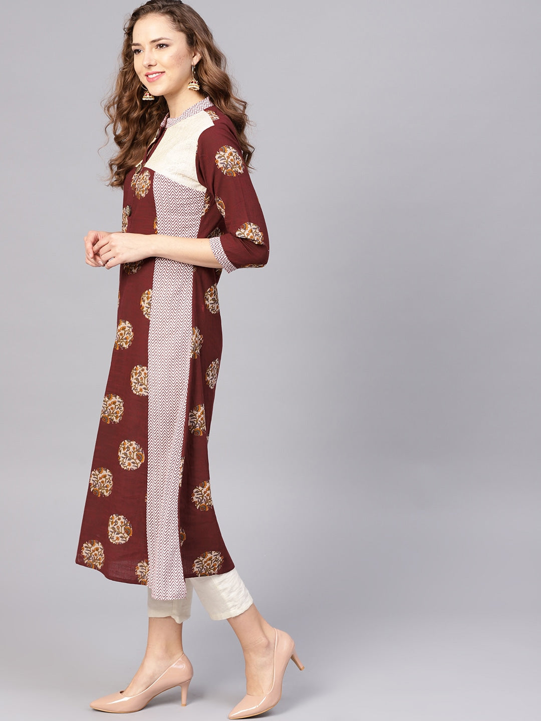 Burgundy & Beige A-Line Kurta-Yufta Store-DBNWKU1608MRNS