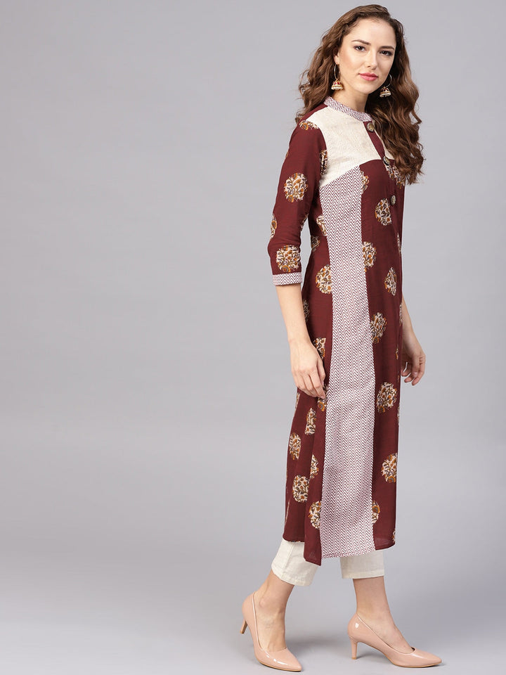 Burgundy & Beige A-Line Kurta-Yufta Store-DBNWKU1608MRNS