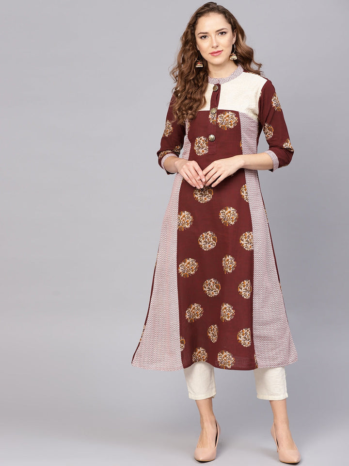 Burgundy & Beige A-Line Kurta-Yufta Store-DBNWKU1608MRNS