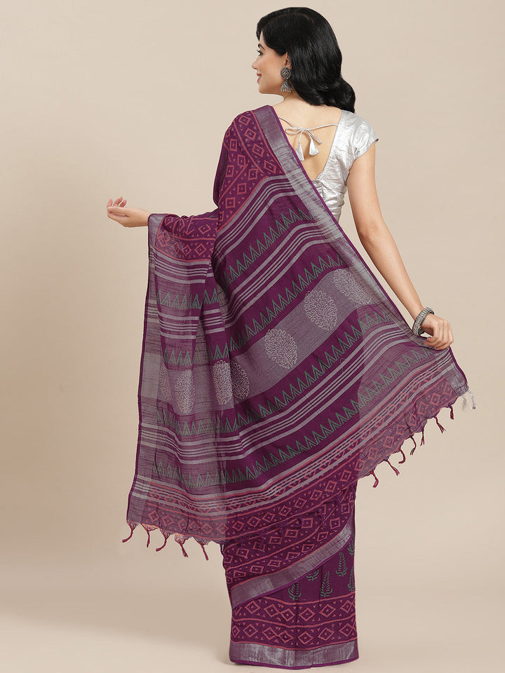 Burgundy Cotton Linen Saree-Yufta Store-6042SARPK