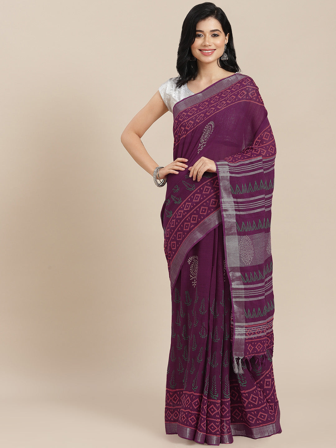 Burgundy Cotton Linen Saree-Yufta Store-6042SARPK