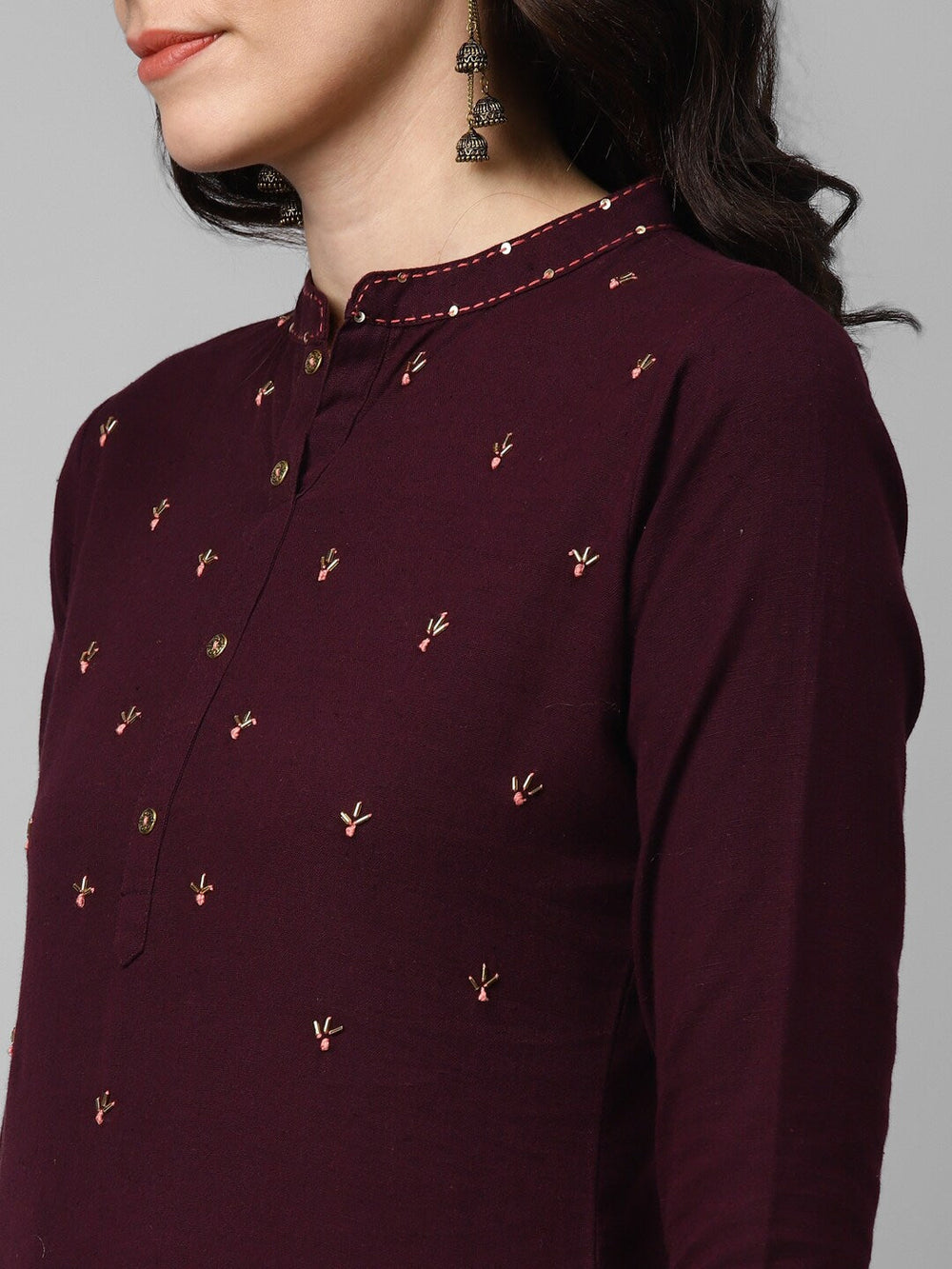 Burgundy & Cream Solid Kurta Set-Yufta Store-7663SETVLS