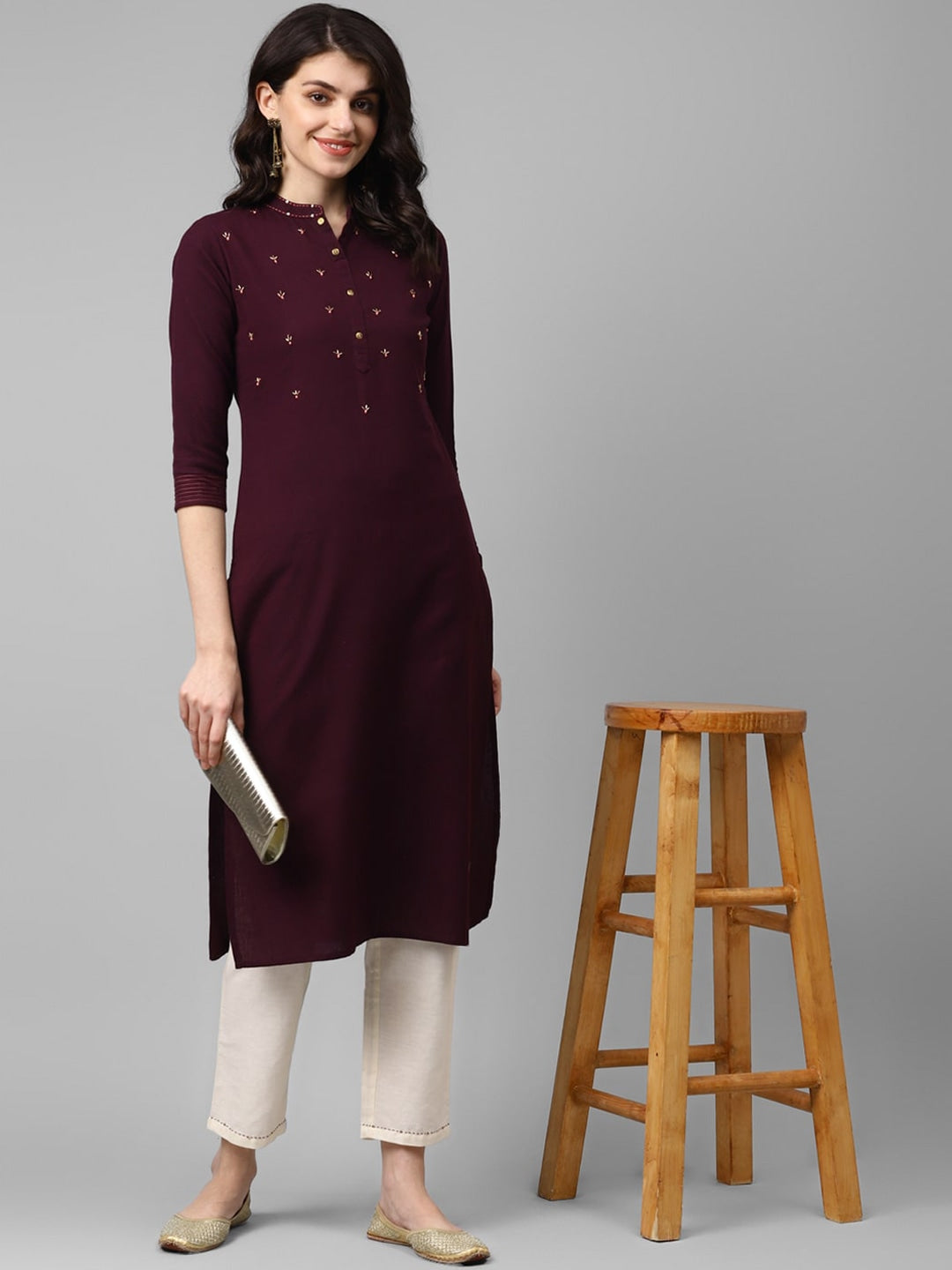 Burgundy & Cream Solid Kurta Set-Yufta Store-7663SETVLS