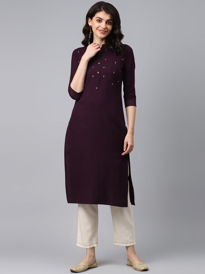 Burgundy & Cream Solid Kurta Set-Yufta Store-7663SETVLS