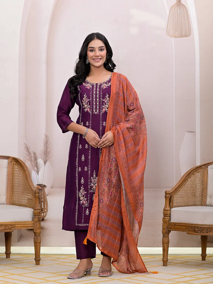 Burgundy Embroidered Silk Blend Straight Kurta Dupatta Set-Yufta Store-7124SKDBUGS