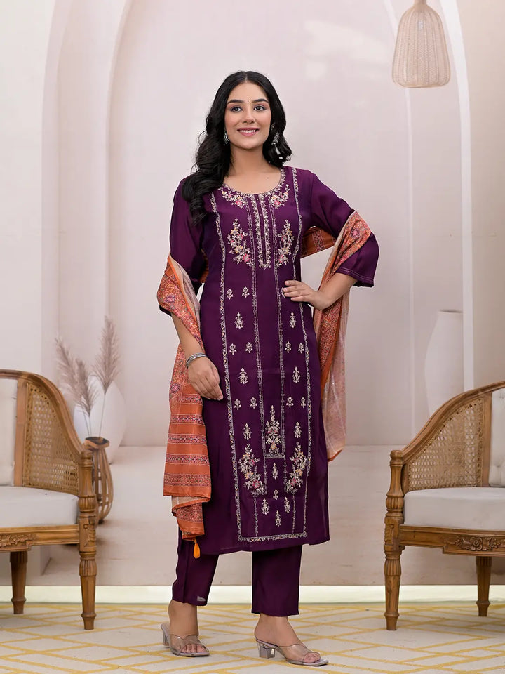 Burgundy Embroidered Silk Blend Straight Kurta Dupatta Set-Yufta Store-7124SKDBUGS