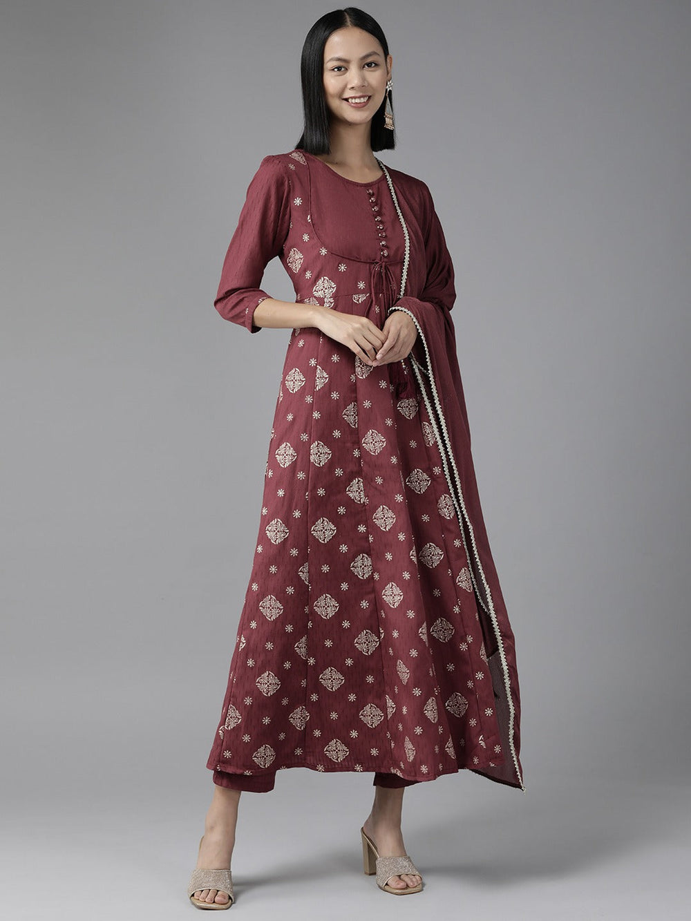 Burgundy Ethnic Motifs Printed Anarkali Shape Dupatta Set