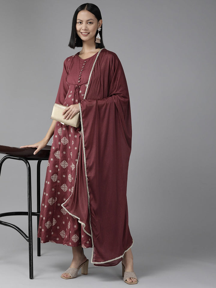 Burgundy Ethnic Motifs Printed Anarkali Shape Dupatta Set-Yufta Store-9837SKDBRS