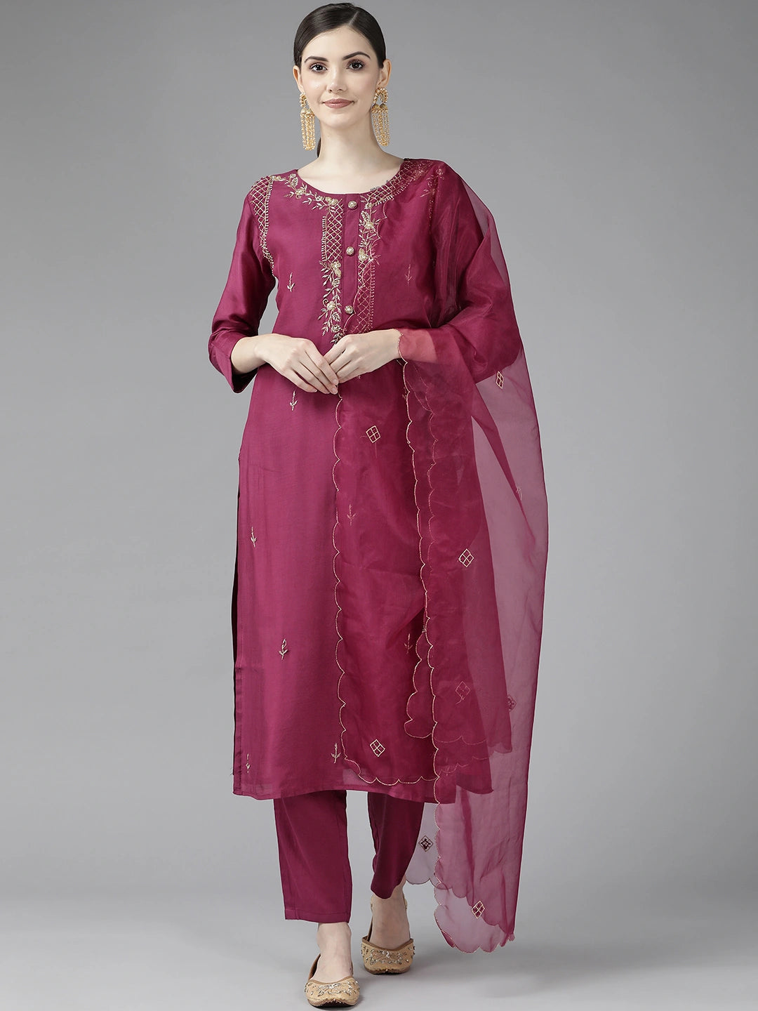 Burgundy Ethnic Motifs Yoke Design Dupatta Set-Yufta Store-6705SKDBUGM