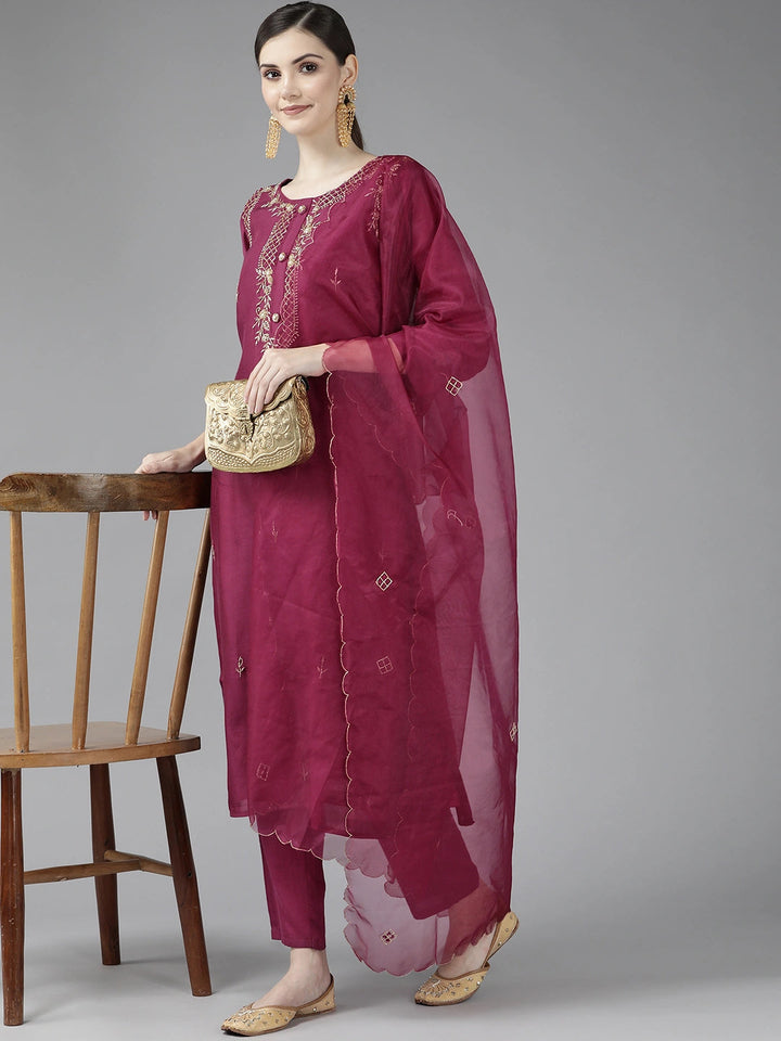 Burgundy Ethnic Motifs Yoke Design Dupatta Set-Yufta Store-6705SKDBUGM