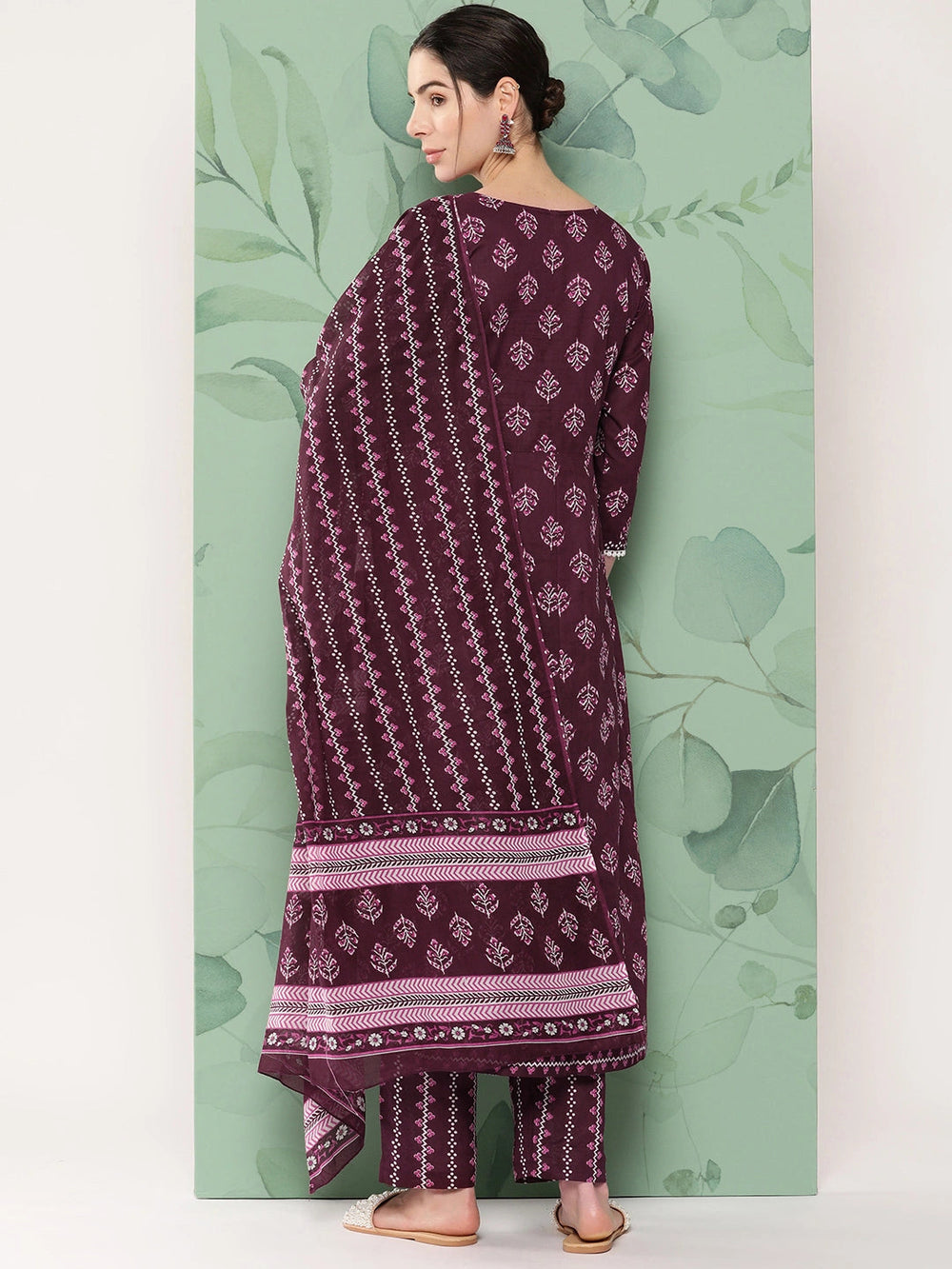 Burgundy Floral Printed A-line Shape Cotton Kurta Dupatta Set-Yufta Store-1154SKDBUGS