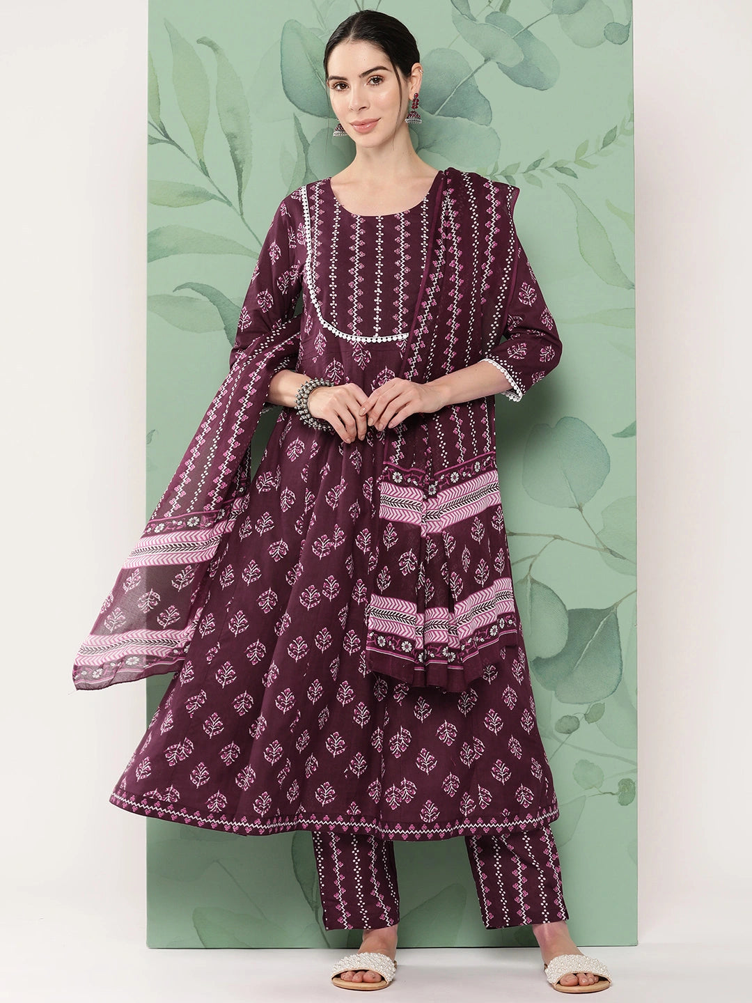 Burgundy Floral Printed A-line Shape Cotton Kurta Dupatta Set-Yufta Store-1154SKDBUGS