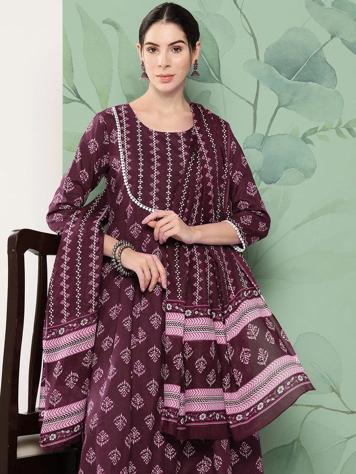 Burgundy Floral Printed A-line Shape Cotton Kurta Dupatta Set-Yufta Store-1154SKDBUGS