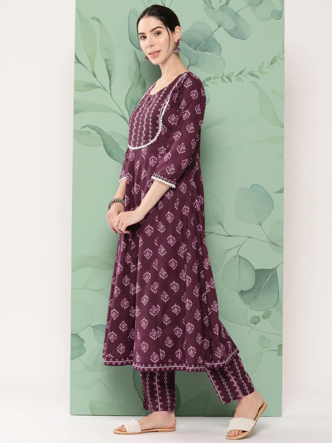 Burgundy Floral Printed A-line Shape Cotton Kurta Dupatta Set-Yufta Store-1154SKDBUGS