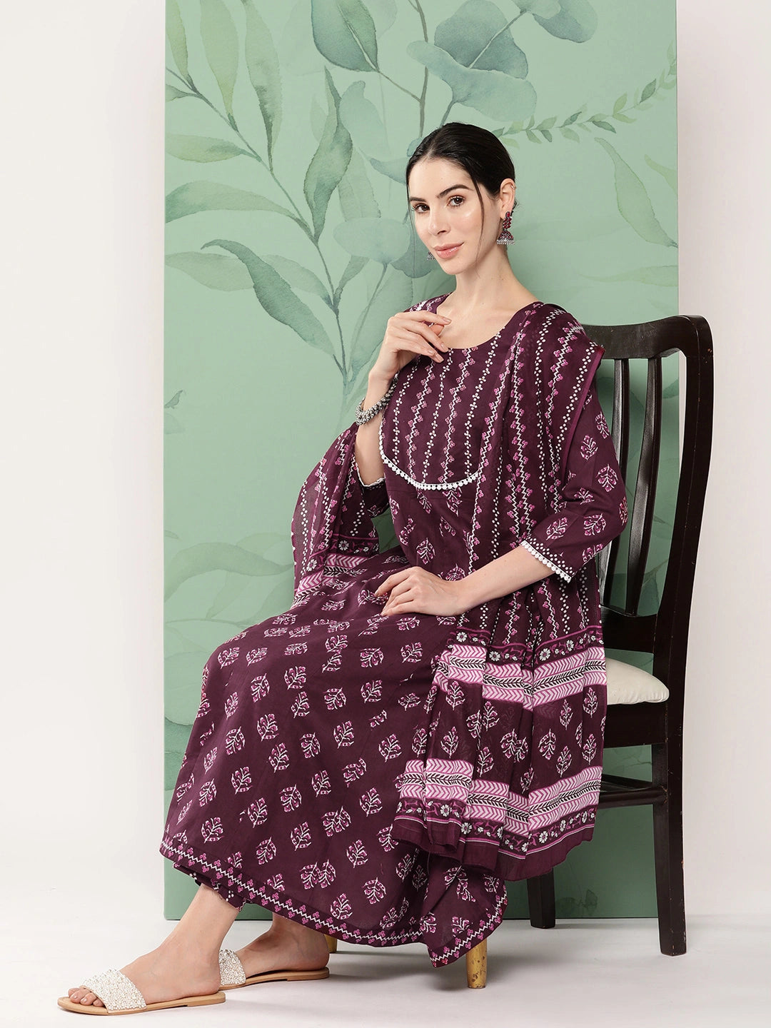 Burgundy Floral Printed A-line Shape Cotton Kurta Dupatta Set-Yufta Store-1154SKDBUGS