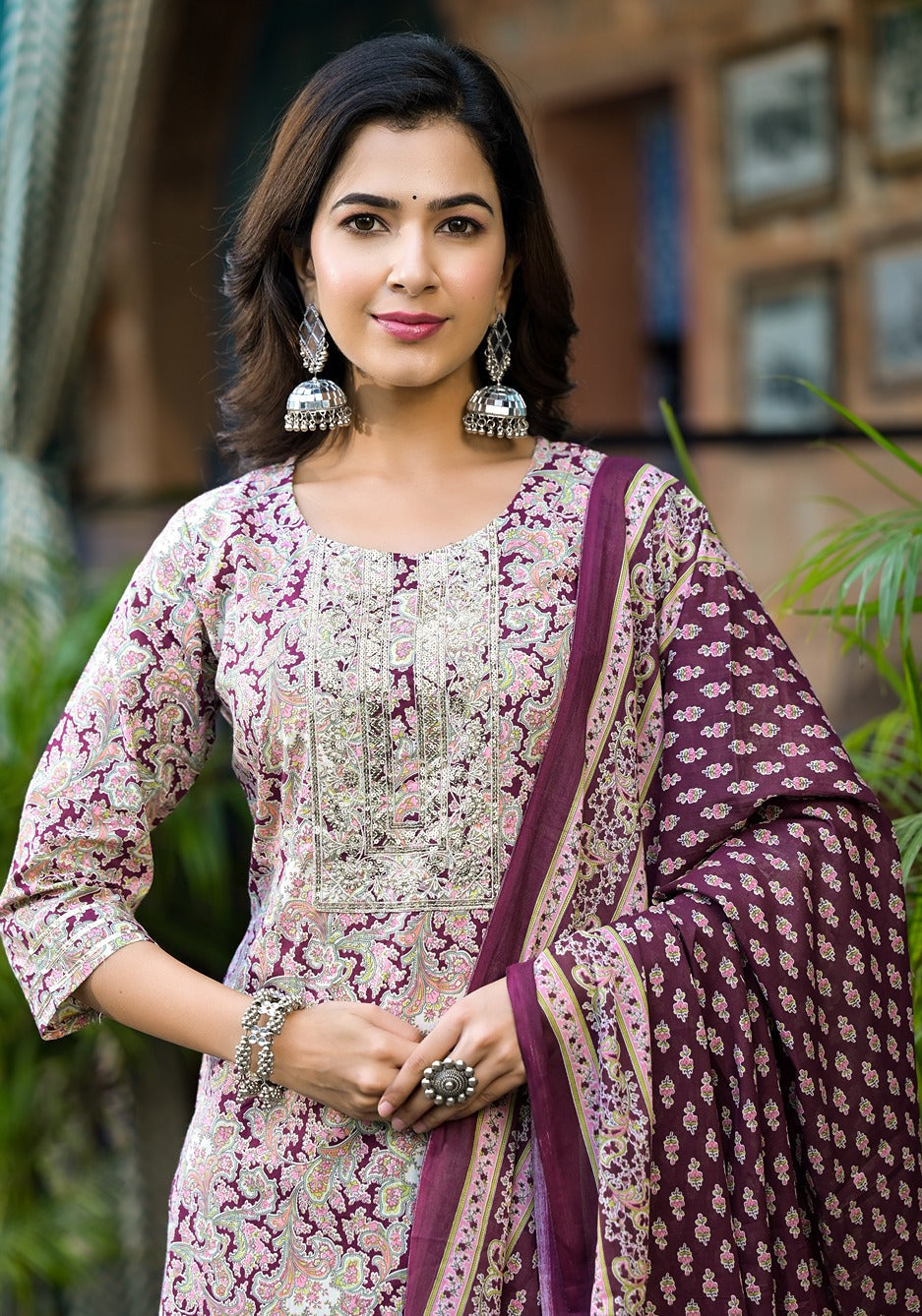 Burgundy Floral Sequins_Work Kurta Sharara With Dupatta Set