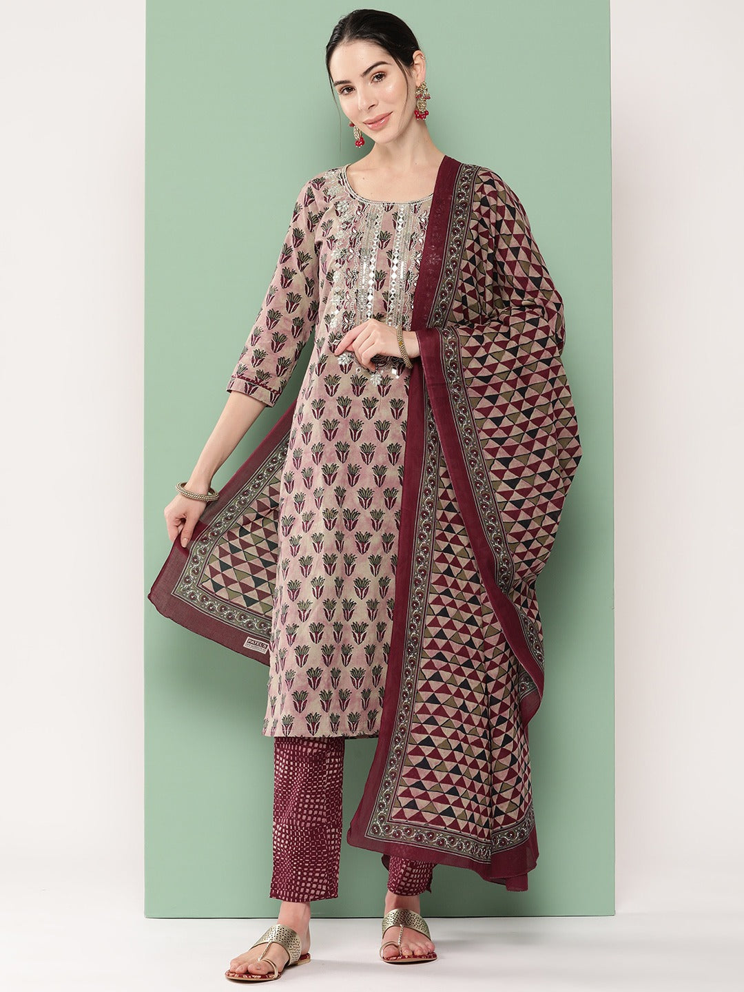 Burgundy & Peach Embroidered Cotton Kurta Dupatta Set-Yufta Store-1181SKDBUGM