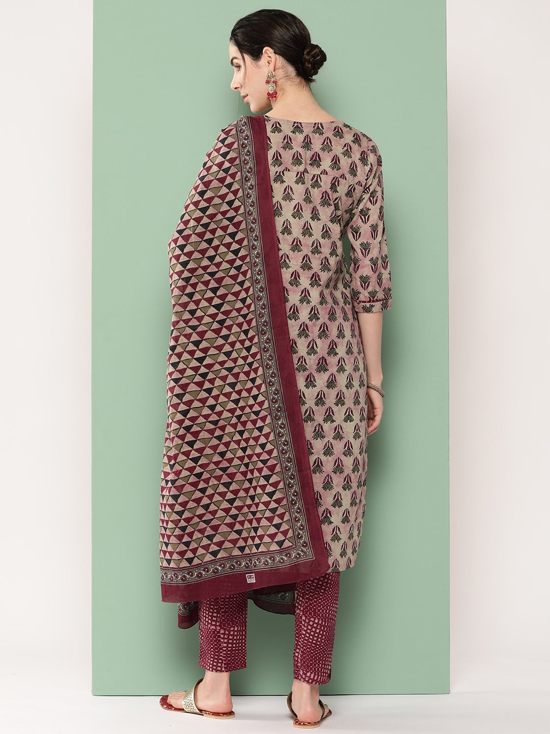 Burgundy & Peach Embroidered Cotton Kurta Dupatta Set-Yufta Store-1181SKDBUGM