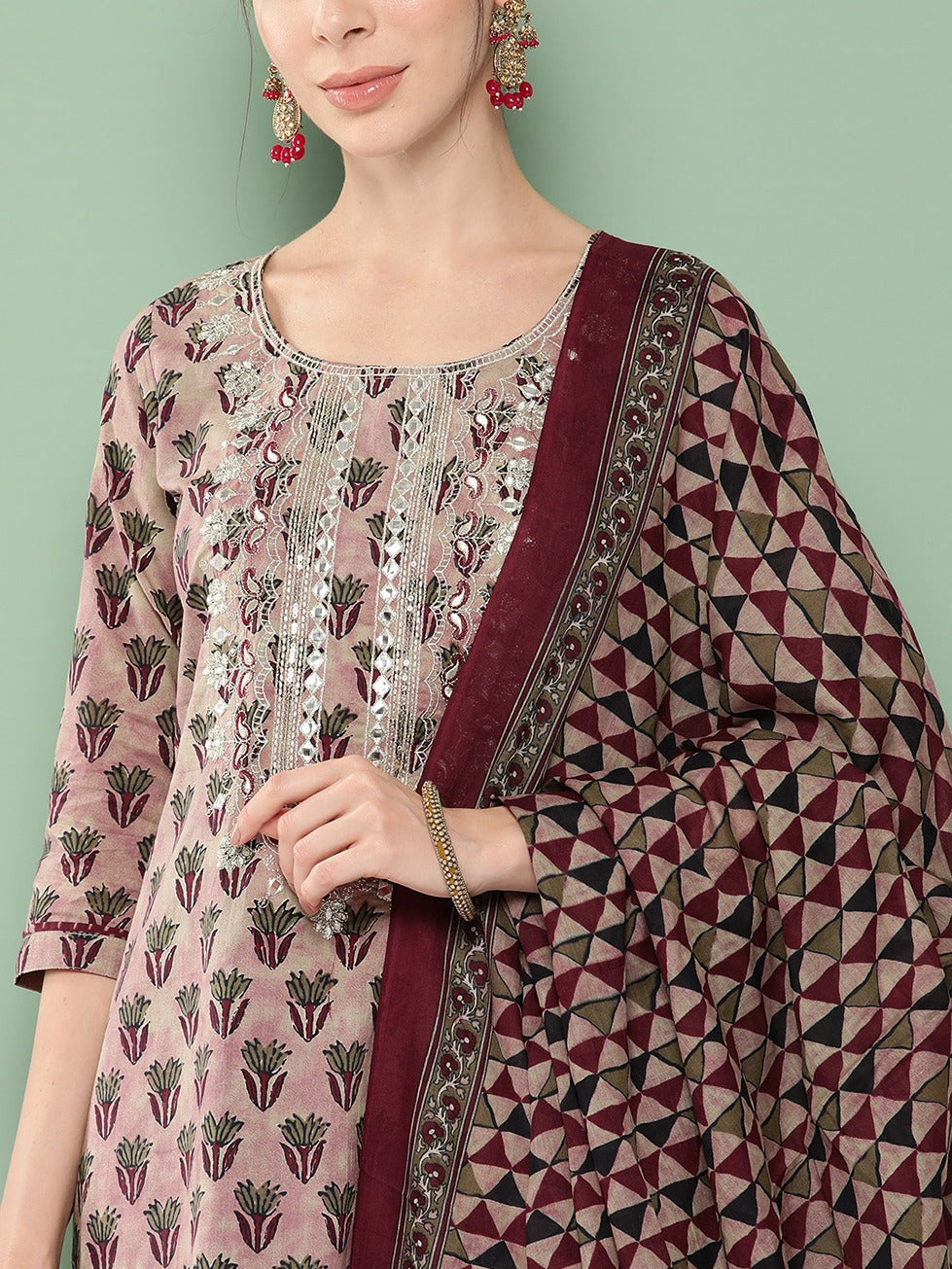 Burgundy & Peach Embroidered Cotton Kurta Dupatta Set-Yufta Store-1181SKDBUGM