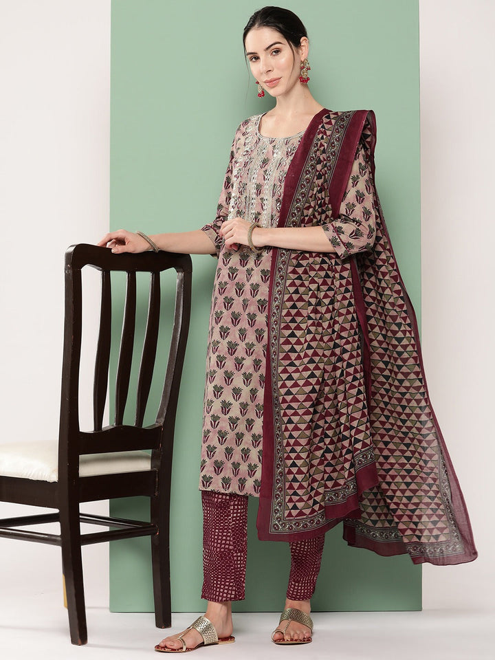 Burgundy & Peach Embroidered Cotton Kurta Dupatta Set-Yufta Store-1181SKDBUGM