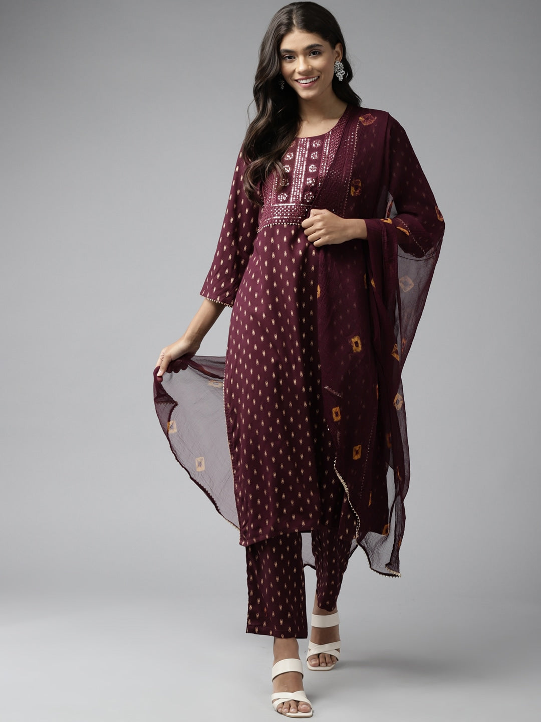 Burgundy Printed Dupatta Set-Yufta Store-5908SKDBUGM