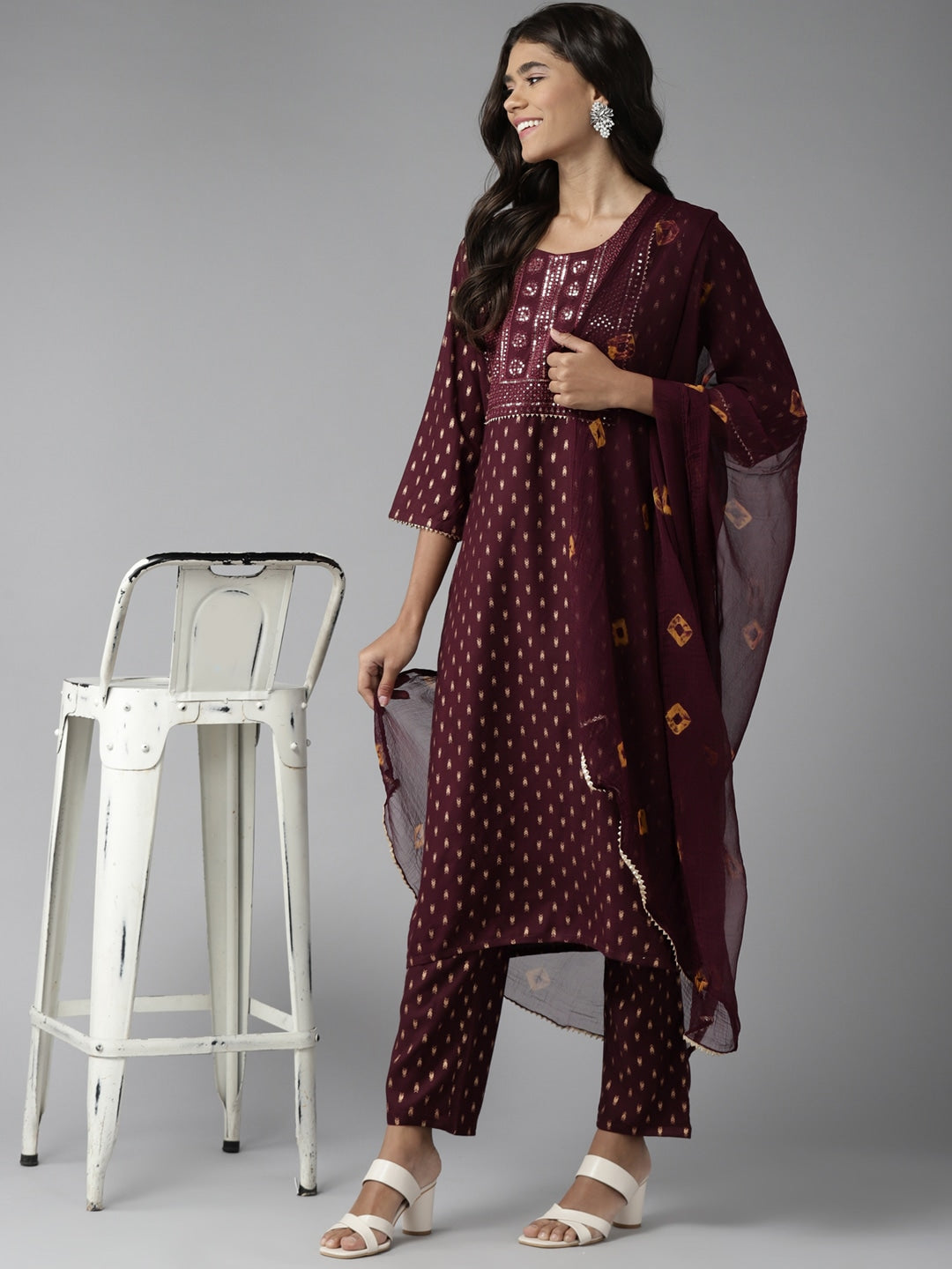 Burgundy Printed Dupatta Set-Yufta Store-5908SKDBUGM